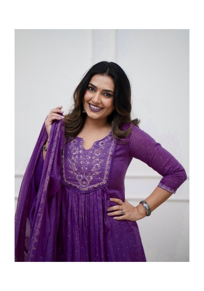 Malishka Export Purple Cotton Embroidery Anarkali Kurta Pant for Women - Image 4
